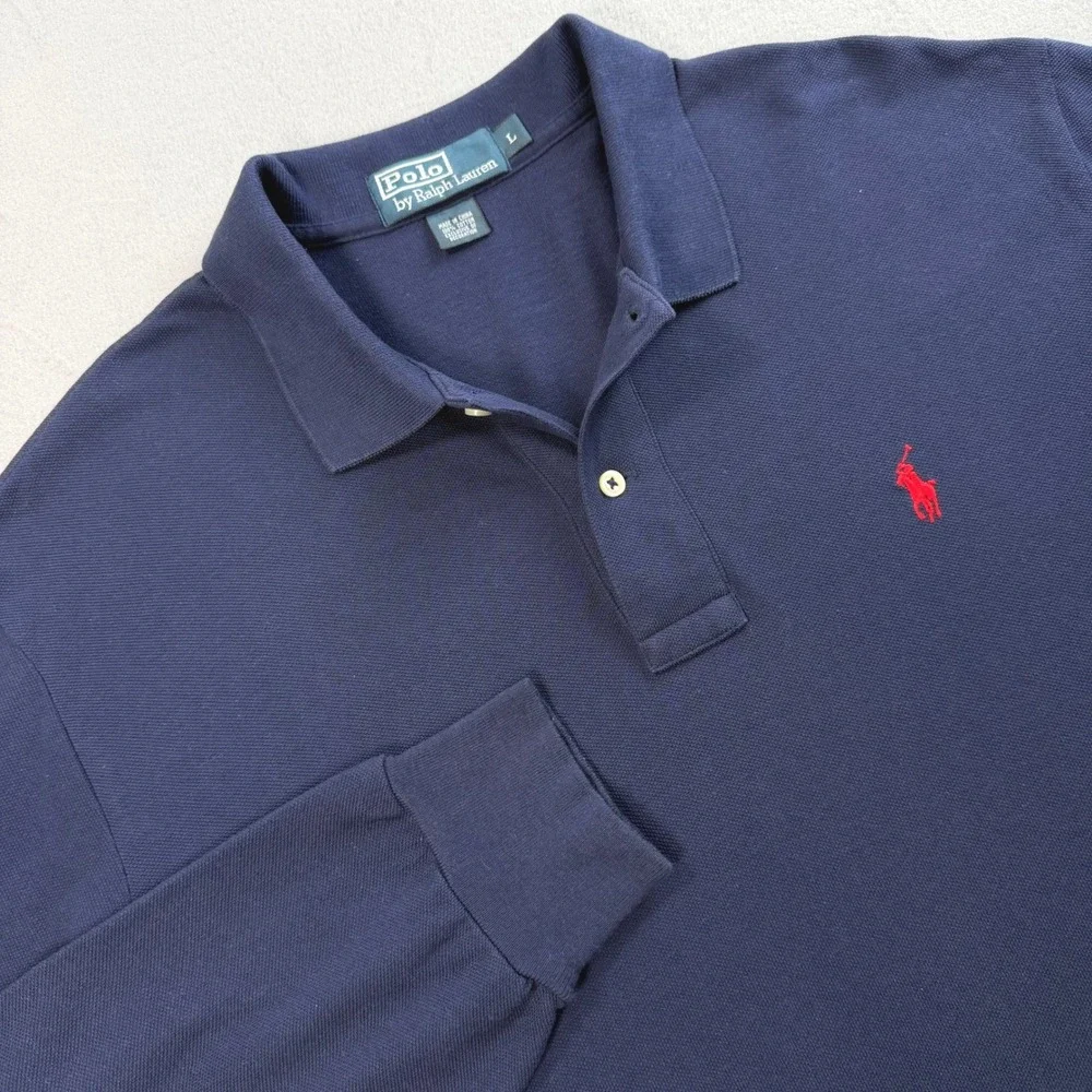 Polo Ralph Lauren Men's Navy Blue Polo Shirt Sz L Long Sleeve Pique Cotton